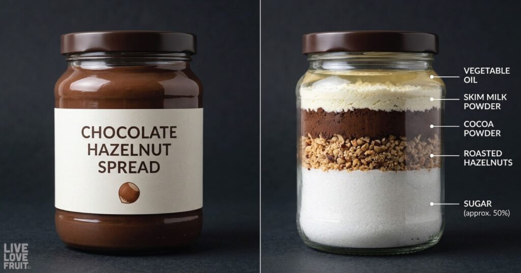 Split comparison image on a dark background. Left side: a jar of chocolate hazelnut spread with a simple generic label (no brand name), smooth glossy chocolate spread visible inside. Right side: the same jar shown as a transparent cutaway with clearly defined layers of ingredients stacked from bottom to top: white sugar layer (making up 2/3 of the jar), crushed hazelnuts layer, cocoa layer, skim milk powder layer, and pale oil layer on top.
