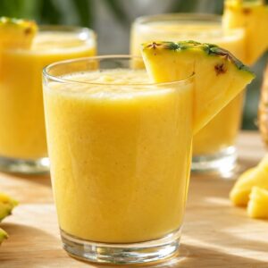 Lemon pineapple smoothie in clear glasses, vibrant golden-yellow color with smooth, slightly frothy texture. Front glass in sharp focus with a fresh pineapple wedge on the rim, two additional glasses placed behind softly blurred for depth. Set on a light wooden surface with fresh pineapple pieces and a whole pineapple in the background.