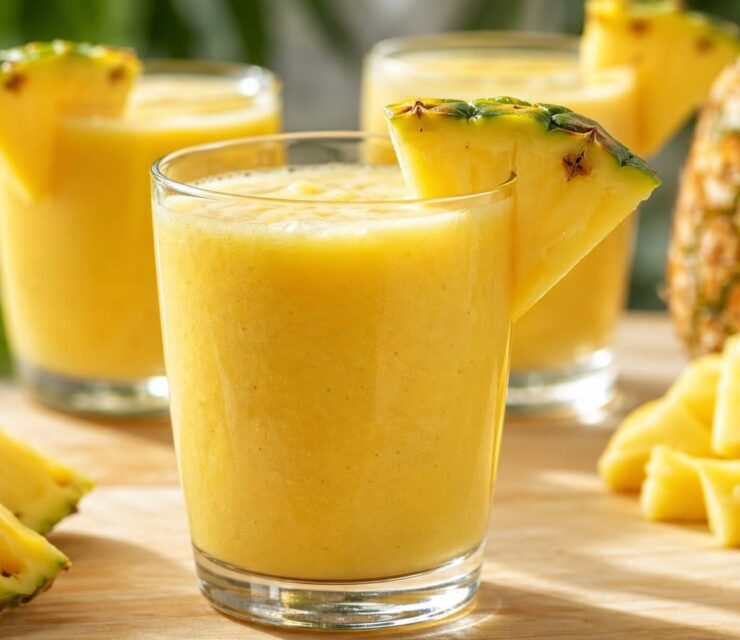 Lemon pineapple smoothie in clear glasses, vibrant golden-yellow color with smooth, slightly frothy texture. Front glass in sharp focus with a fresh pineapple wedge on the rim, two additional glasses placed behind softly blurred for depth. Set on a light wooden surface with fresh pineapple pieces and a whole pineapple in the background.