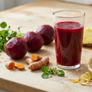 A bright, high-resolution photorealistic image of a vibrant deep-red beet juice in a clear glass on a light wooden kitchen surface, surrounded by fresh whole ingredients: peeled beets, turmeric root, ginger root, pineapple chunks, watercress leaves, and a peeled lemon.