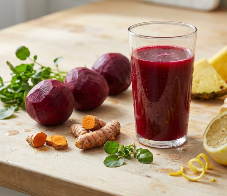 A bright, high-resolution photorealistic image of a vibrant deep-red beet juice in a clear glass on a light wooden kitchen surface, surrounded by fresh whole ingredients: peeled beets, turmeric root, ginger root, pineapple chunks, watercress leaves, and a peeled lemon.