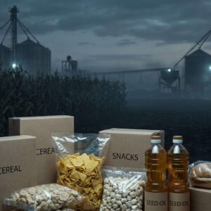 Conceptual editorial illustration about industrial food production and corporate agriculture influence. Foreground: assortment of generic, unbranded processed foods (corn-based snacks, boxed cereals, soy products, seed oils, packaged baked goods) with no logos or recognizable brand names, neutral packaging only. Background: dark, moody agricultural setting with rows of industrial corn or soy fields fading into shadow, subtle sense of scale and control.