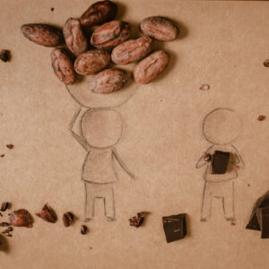 one child carrying the cacao beans the other child eating the chocolate, illustrating inequality and child labour