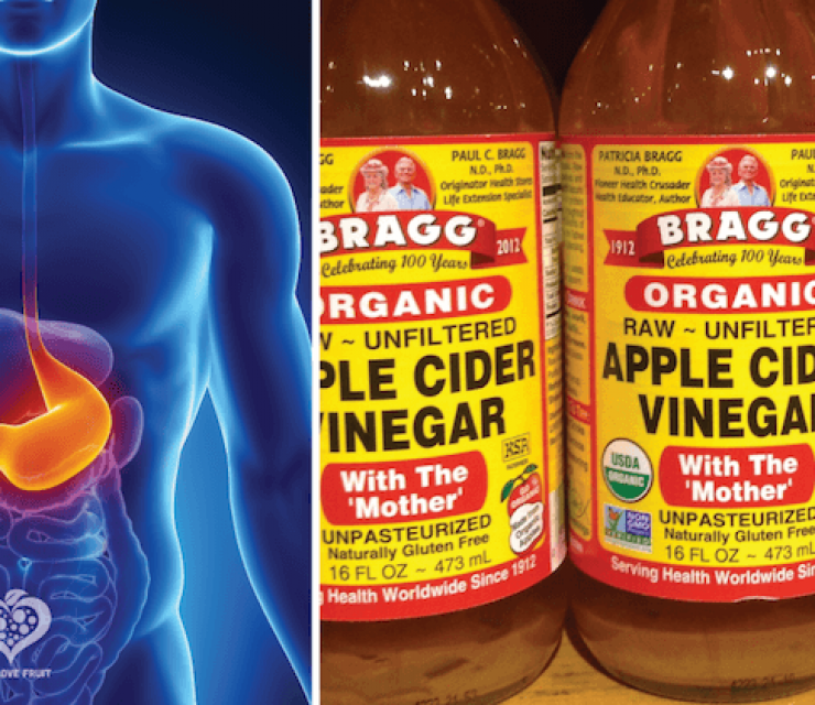 3D render of body with liver illuminated next to image of apple cider vinegar