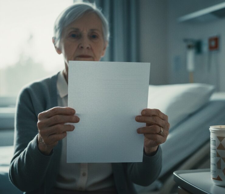 Editorial-style photograph, anonymous elderly woman in a hospice or hospital room, soft natural window light, holding a blank sheet of paper like a testimony or statement, solemn but determined expression, frail hands visible, neutral clothing, no identifiable logos on clothing, shallow depth of field. On a nearby table: an unbranded nutritional drink container resembling a medical meal replacement, generic packaging with no brand names, beige or vanilla-colored liquid visible, slightly unappetizing tone.