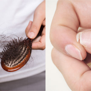 woman taking chunk of hair out of brush next to image of broken nail