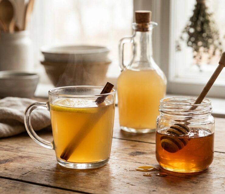 Realistic editorial-style food and wellness photography. Clear glass cup filled with a warm golden apple cider vinegar and honey drink, placed on a rustic wooden table. Small glass jar of raw honey with a wooden honey dipper resting inside. Glass bottle of apple cider vinegar nearby.