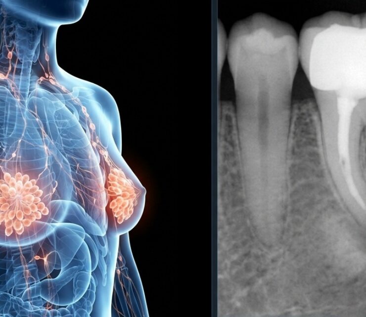 Split-screen medical illustration. Left side: semi-transparent female upper torso in cool blue tones, breast anatomy visible with highlighted lymphatic tissue and cellular clusters glowing softly in orange and red, medical illustration style, realistic but educational, no gore. Right side: grayscale dental X-ray of a molar with a root canal treatment, tooth roots clearly visible extending into jawbone, subtle shadowing around the root area suggesting inflammation or concern, diagnostic imaging style.