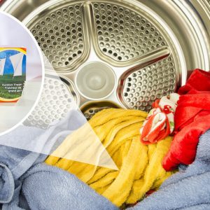 colourful clothes in dryer with bounce dryer sheet image overlay