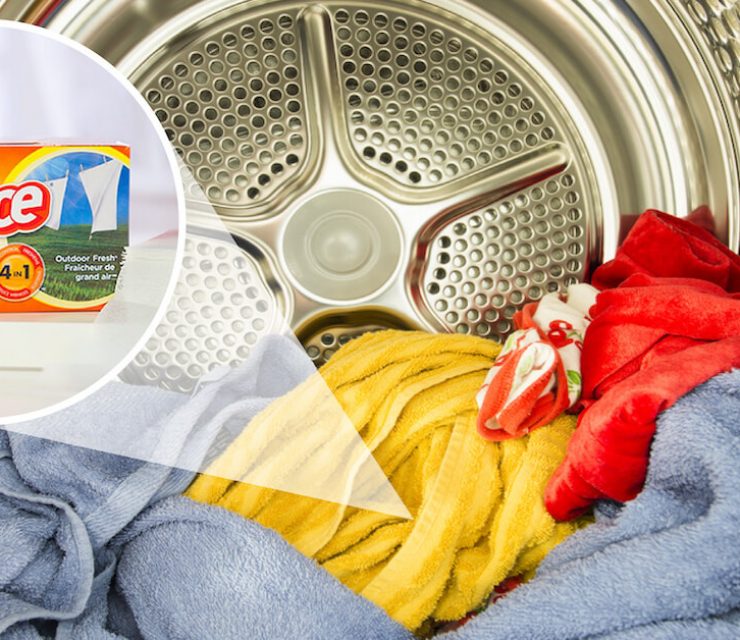 colourful clothes in dryer with bounce dryer sheet image overlay