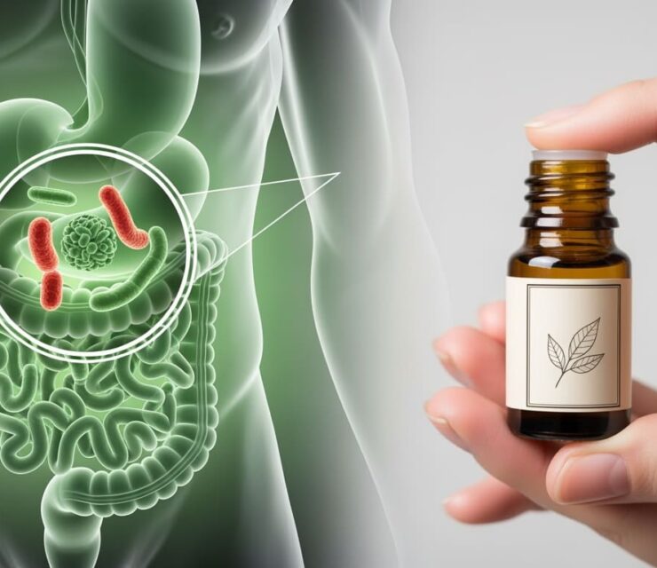 Conceptual medical and wellness illustration comparing conventional antibiotics and essential oils. Split composition. Left side: semi-transparent human digestive system highlighted in green tones, with a circular magnified view showing generic gut bacteria or microbiome shapes, abstract and non-threatening, scientific illustration style. Right side: close-up of a hand holding a small amber essential oil bottle with a blank label and simple leaf illustration, no text or branding.