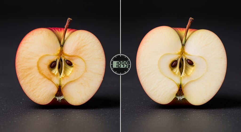 Photorealistic side-by-side comparison image of two sliced apples placed on a dark neutral surface. Left side: freshly cut conventional apple showing visible browning and oxidation on the exposed flesh after time. Right side: freshly cut apple with minimal browning, pale cream-colored flesh, smooth texture, same lighting and environment. Centered digital timer or clock showing time elapsed.