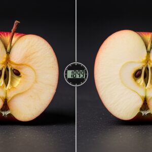 Photorealistic side-by-side comparison image of two sliced apples placed on a dark neutral surface. Left side: freshly cut conventional apple showing visible browning and oxidation on the exposed flesh after time. Right side: freshly cut apple with minimal browning, pale cream-colored flesh, smooth texture, same lighting and environment. Centered digital timer or clock showing time elapsed.