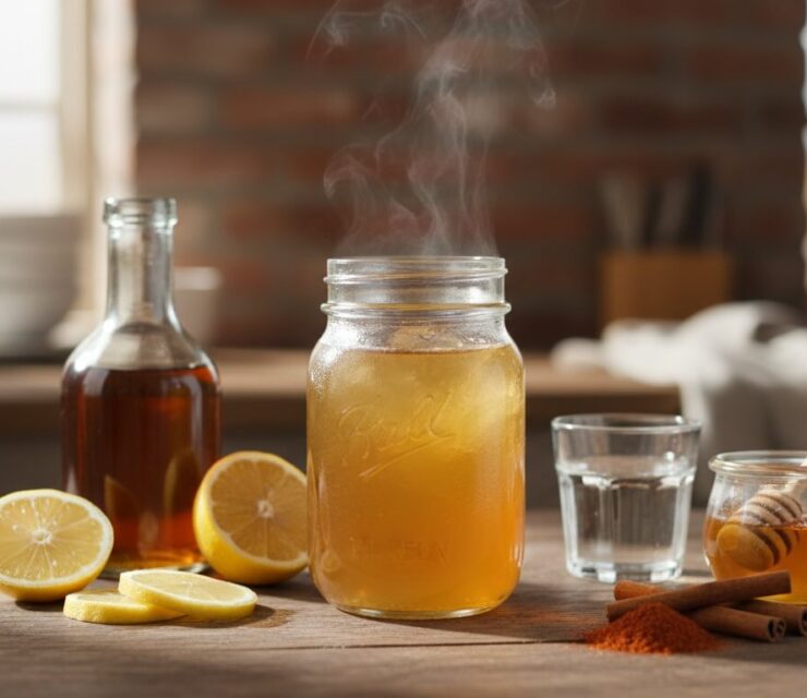 Realistic editorial-style food and wellness photography. Glass mason jar filled with a warm, golden apple cider vinegar tonic on a wooden table. Light steam rising gently. Surrounding ingredients clearly visible and naturally arranged: raw apple cider vinegar in a glass bottle, fresh lemon slices, honey in a small jar, cayenne pepper powder, cinnamon sticks or ground cinnamon, and a glass of water.