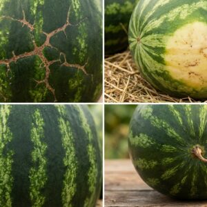Photorealistic educational food image divided into four equal visual sections (grid layout), showcasing how to pick a ripe watermelon. Section 1: Close-up of a watermelon rind showing natural sugar webbing (brown web-like scarring) on deep green skin. Section 2: Close-up of a watermelon with a large creamy yellow field spot indicating ripeness. Section 3: Detailed view of a watermelon with dark green stripes and strong color contrast, matte skin texture. Section 4: Bottom view of a watermelon showing a small, dry, brown stem and symmetrical shape.