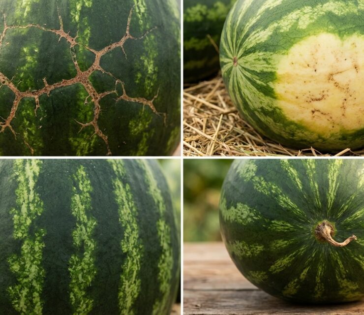 Photorealistic educational food image divided into four equal visual sections (grid layout), showcasing how to pick a ripe watermelon. Section 1: Close-up of a watermelon rind showing natural sugar webbing (brown web-like scarring) on deep green skin. Section 2: Close-up of a watermelon with a large creamy yellow field spot indicating ripeness. Section 3: Detailed view of a watermelon with dark green stripes and strong color contrast, matte skin texture. Section 4: Bottom view of a watermelon showing a small, dry, brown stem and symmetrical shape.