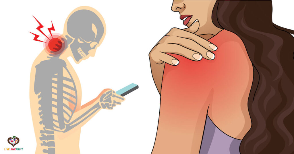 illustrated person with forward facing posture looking at phone and woman with shoulder pain