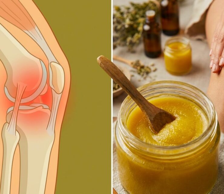 Conceptual wellness and DIY remedy illustration focused on joint and knee discomfort. Split composition. Left side: simplified medical-style illustration of a human knee joint, side view, with subtle red highlight indicating pain or inflammation in the joint area. Clean, flat illustration style, non-graphic. Right side: close-up of a homemade herbal salve in a small glass jar, thick golden-yellow balm texture, wooden spoon or applicator resting inside. secondary detail: hand gently applying herbal salve to a knee, shown from mid-thigh to shin, natural skin tone, no wounds or bruising