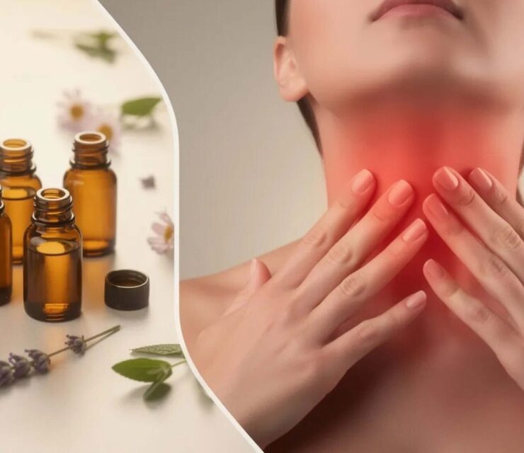 Conceptual wellness and medical editorial image about thyroid health and essential oils. Split composition with a curved or diagonal divider. Left side: group of small amber essential oil bottles with open tops, arranged naturally with flowers or herbs, soft natural lighting, warm tones, clean and minimal styling. Bottles are unbranded with no readable labels. Right side: close-up of a person’s neck and throat area, hands gently touching the thyroid region. Subtle red or warm glow overlay on the neck to suggest discomfort or thyroid awareness.