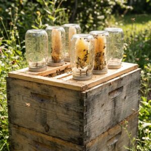 Editorial-style image illustrating a homemade beehive designed to support and protect honeybees. Outdoor garden or backyard setting in natural daylight. A handcrafted wooden beehive box with multiple upside-down glass jars or clear containers fitted on top, showing honeycomb structures forming inside. Bees visible inside the glass jars and flying gently around the hive, calm and natural behavior.