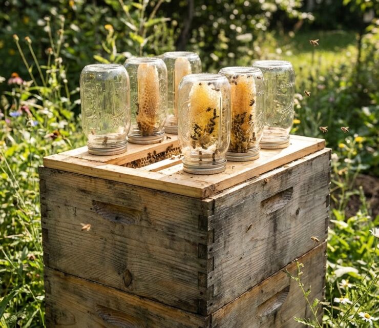 Editorial-style image illustrating a homemade beehive designed to support and protect honeybees. Outdoor garden or backyard setting in natural daylight. A handcrafted wooden beehive box with multiple upside-down glass jars or clear containers fitted on top, showing honeycomb structures forming inside. Bees visible inside the glass jars and flying gently around the hive, calm and natural behavior.