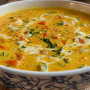 Creamy turmeric vegetable soup in a blue-patterned ceramic bowl with a swirl of cream and diced vegetables