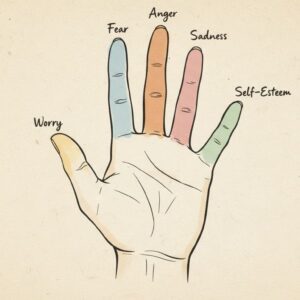 Hand-drawn medical illustration of a human hand, palm facing forward, with each finger softly color-coded and labeled to represent emotions (thumb - worry, index finger - fear, middle finger - anger, ring finger - sadness, pinky finger - self-esteem). Minimalist anatomical style, inspired by traditional Japanese healing concepts.