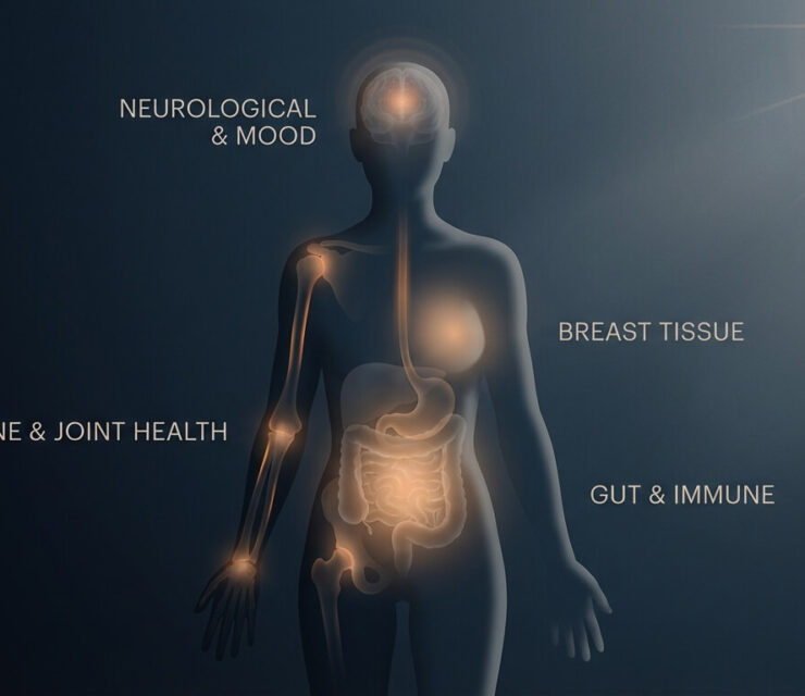Conceptual medical illustration showing the hidden impact of vitamin D deficiency on the human body. Dark, moody background with a semi-transparent human silhouette standing upright. Multiple body regions subtly illuminated to show systemic effects: brain and head glowing faintly to suggest mood and neurological impact, spine and joints highlighted to suggest pain and inflammation, digestive tract softly lit to suggest gut health, and chest area gently illuminated to imply breast tissue involvement. A weak, distant sun in the background casting minimal light, symbolizing low vitamin D exposure.