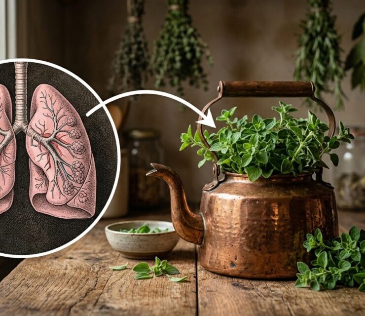 Rustic copper kettle filled with fresh oregano leaves on a wooden surface, with a large circular inset showing detailed pink anatomical lungs and an arrow pointing to the herbs, suggesting respiratory health support.