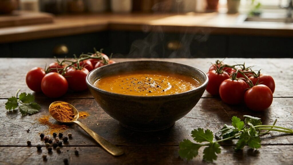 Rich turmeric tomato soup in a dark bowl topped with cracked black pepper, surrounded by fresh tomatoes, turmeric, and herbs on a rustic wooden surface.