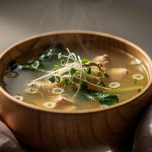 Warm ginger garlic soup in a wooden bowl held in hands, with steam rising and fresh greens and sprouts on top, conveying a comforting, healing meal.