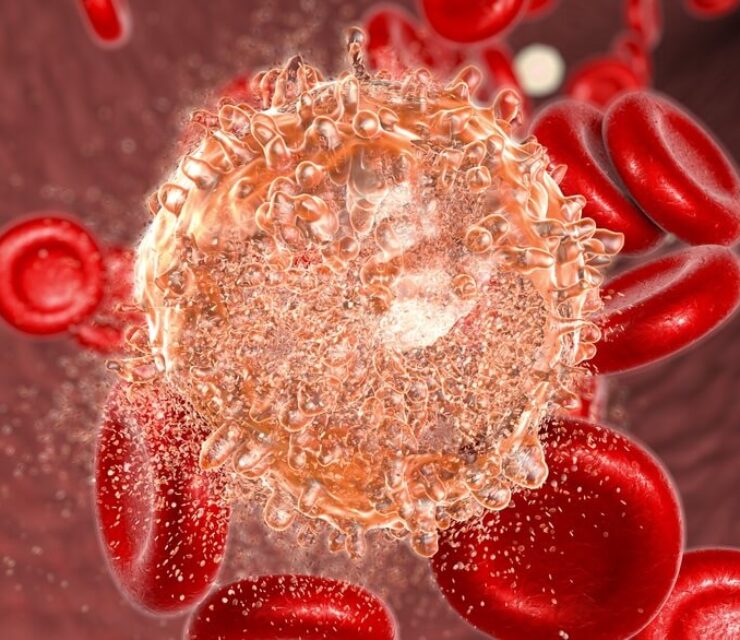 Destruction of leukemia cell, conceptual image. 3D illustration which can be used to illustrate blood cancer treatment