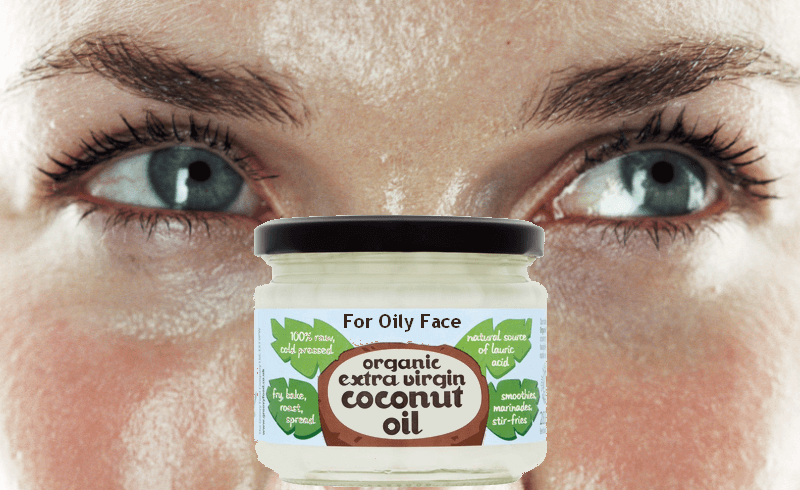 A jar of coconut oil in front of an oily face