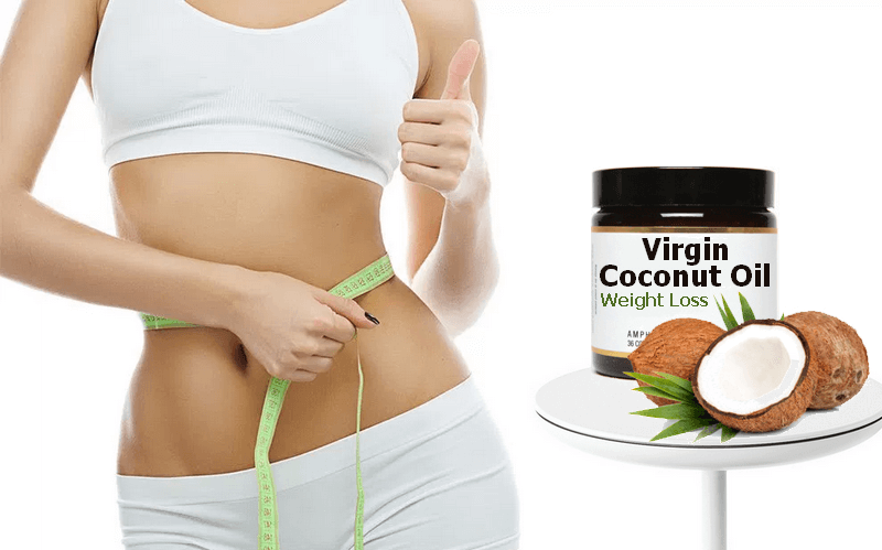Virgin coconut oil next to a slim figure
