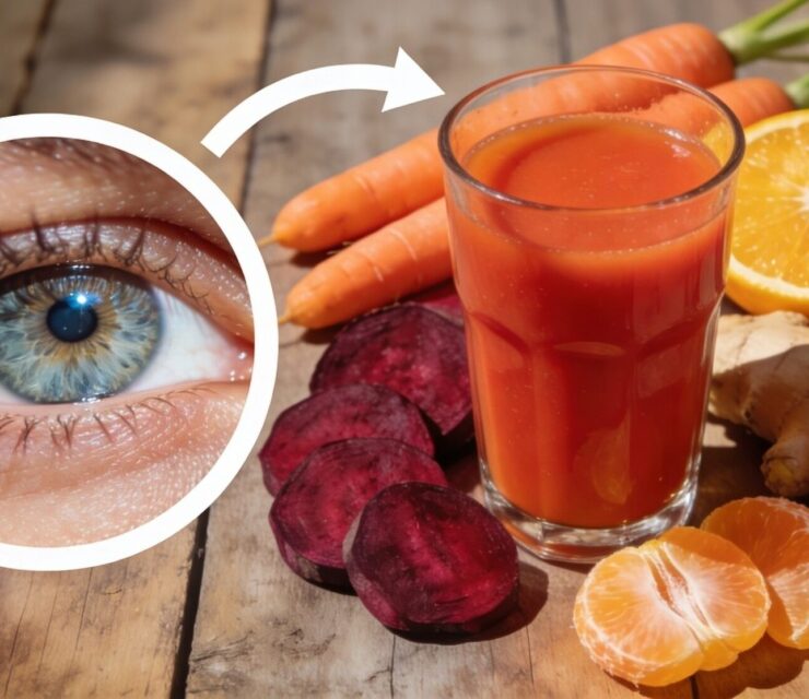 Fresh carrot, beet, orange, and ginger juice in a glass on a rustic wooden surface, with whole ingredients around it and a circular inset showing a glowing anatomical liver connected by an arrow.