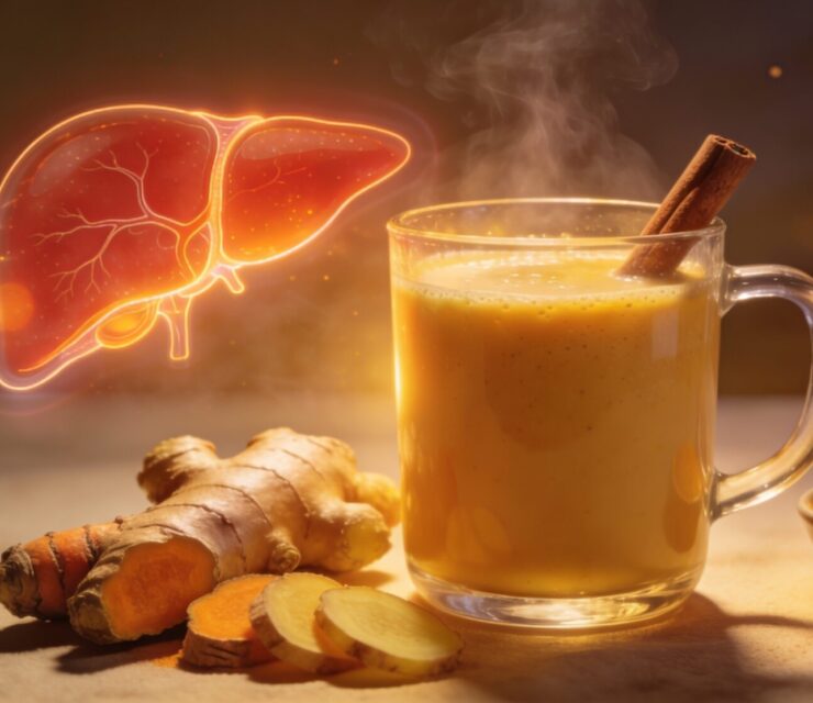 Golden ginger turmeric coconut milk in a glass mug with cinnamon stick, surrounded by fresh turmeric and ginger, with a subtle glowing liver shape softly blended into the background.