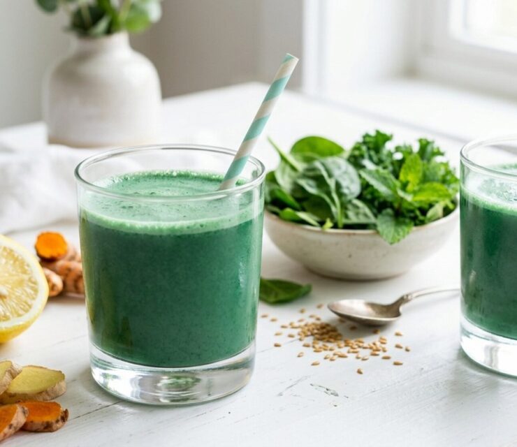 Two glasses of vibrant spirulina-green wellness drink with blue straws on a white surface, surrounded by fresh cucumber slices and leafy greens in a bright, minimalist kitchen setting.
