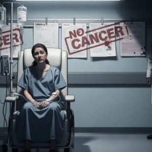 A dark, realistic medical illustration showing a patient sitting in a chemotherapy chair receiving an IV, while medical charts behind them are stamped “NO CANCER” in red text. A shadowy doctor figure stands in the background with obscured face, creating a sense of deception and betrayal.