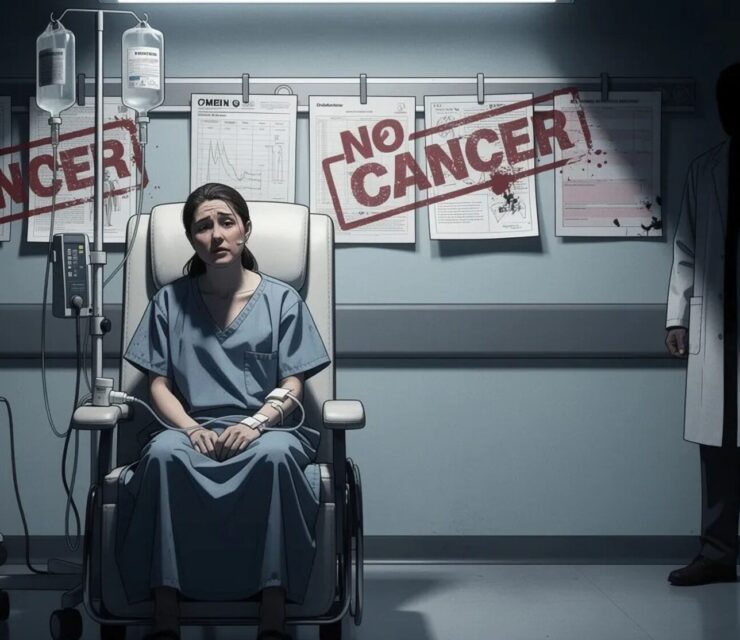 A dark, realistic medical illustration showing a patient sitting in a chemotherapy chair receiving an IV, while medical charts behind them are stamped “NO CANCER” in red text. A shadowy doctor figure stands in the background with obscured face, creating a sense of deception and betrayal.