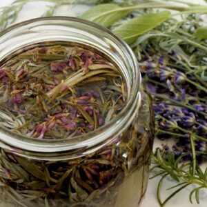 Herbs infused vinegar in open jar. Thieves vinegar, alternative medicine remedy with wormwood, sage, rosemary and lavender. Herbalism concept.