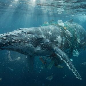 A powerful, photorealistic underwater scene showing a large whale swimming slowly through a dark blue ocean filled with floating plastic waste such as bottles, bags, fishing nets, and debris. The whale appears weakened and distressed, with plastic tangled around its body.