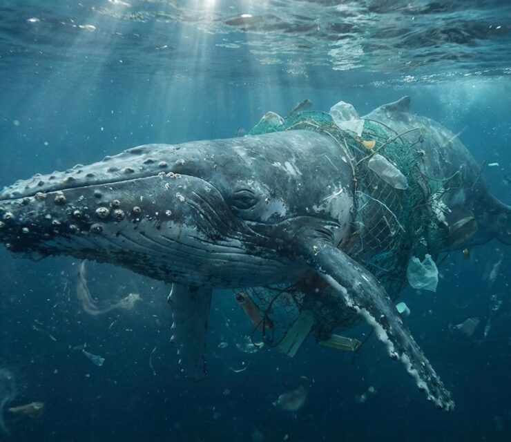 A powerful, photorealistic underwater scene showing a large whale swimming slowly through a dark blue ocean filled with floating plastic waste such as bottles, bags, fishing nets, and debris. The whale appears weakened and distressed, with plastic tangled around its body.