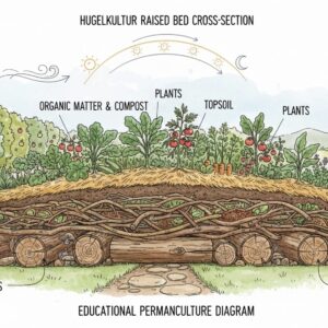 Educational permaculture illustration showing a hugelkultur raised garden bed in cross-section. Side-view cutaway diagram of a long raised bed built using the hugelkultur method. Clearly visible layers from bottom to top: large rotting logs and tree trunks at the base, branches and woody debris above, layered organic matter and compost, finished with topsoil and mulch. Plants and vegetables growing on top of the bed, lush and healthy. Surrounding environment includes fruit trees acting as a windbreak, a simple garden path, and natural landscape elements. Above the scene, a subtle illustrated sun arc showing sunlight movement throughout the day and an arrow indicating wind direction.