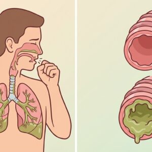 Educational medical illustration in flat, clean, vector-style artwork. Split image composition. Left panel: side-view illustration of a human upper body coughing, with simplified transparent anatomy showing lungs, trachea, and airways. Excess mucus illustrated as greenish fluid inside the airways and lungs. Human figure is neutral, non-gendered, simplified cartoon medical style. Right panel: two simplified cross-section illustrations of an airway or bronchial tube stacked vertically. Top airway appears clean and clear. Bottom airway shows thick green mucus buildup coating the inside walls.