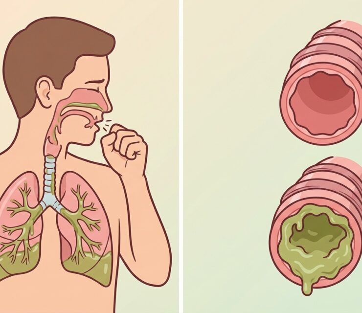 Educational medical illustration in flat, clean, vector-style artwork. Split image composition. Left panel: side-view illustration of a human upper body coughing, with simplified transparent anatomy showing lungs, trachea, and airways. Excess mucus illustrated as greenish fluid inside the airways and lungs. Human figure is neutral, non-gendered, simplified cartoon medical style. Right panel: two simplified cross-section illustrations of an airway or bronchial tube stacked vertically. Top airway appears clean and clear. Bottom airway shows thick green mucus buildup coating the inside walls.