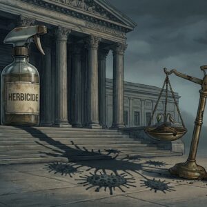 Conceptual editorial illustration symbolizing a high-profile legal trial involving agricultural chemicals and cancer concerns. A large spray bottle labeled “Herbicide” casts a shadow shaped like cancer cells across courthouse steps. Scales of justice appear cracked and unbalanced.