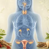 Translucent female anatomy with the pituitary, thyroid, adrenal glands, uterus and ovaries highlighted, framed by adaptogenic herbs.