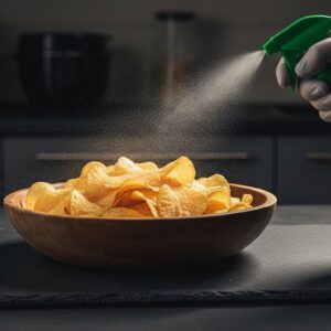 Photorealistic conceptual editorial image of a bowl of potato chips on a dark kitchen surface. A bright green household spray bottle held by a gloved hand is spraying fine mist directly onto the chips, symbolizing chemical contamination of food. The spray resembles agricultural herbicide application