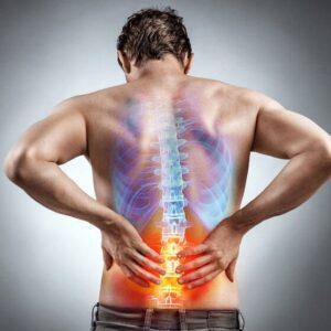 man with back ache, mid back blue with no pain, lower back inflamed red color