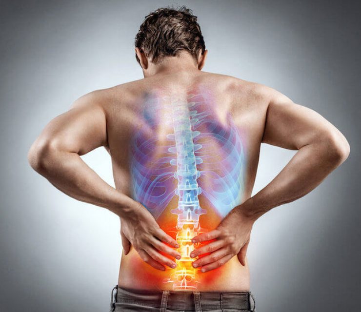 illustration of guy with back pain with illuminated red lower back and blue upper back
